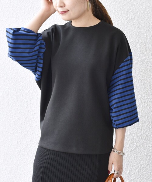 SHIPS(シップス)の「*ボーダースリーブコンビプルオーバー◇(Tシャツ/カットソー・レディース・ホワイト系/ブラック/ブルー・ONE SIZE)」の2枚目の写真