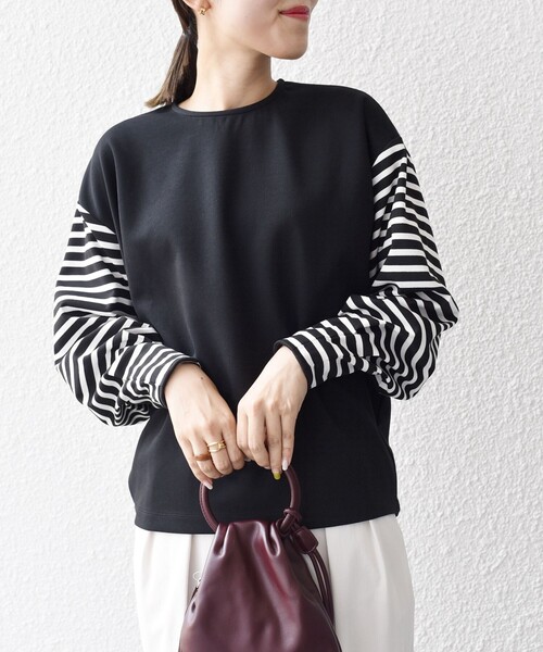 SHIPS(シップス)の「*ボーダースリーブコンビプルオーバー◇(Tシャツ/カットソー・レディース・ホワイト系/ブラック/ブルー・ONE SIZE)」の1枚目の写真