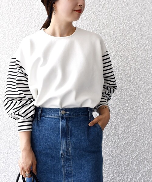 SHIPS(シップス)の「*ボーダースリーブコンビプルオーバー◇(Tシャツ/カットソー・レディース・ホワイト系/ブラック/ブルー・ONE SIZE)」の15枚目の写真