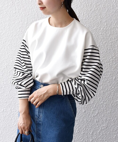 SHIPS(シップス)の「*ボーダースリーブコンビプルオーバー◇(Tシャツ/カットソー・レディース・ホワイト系/ブラック/ブルー・ONE SIZE)」の16枚目の写真