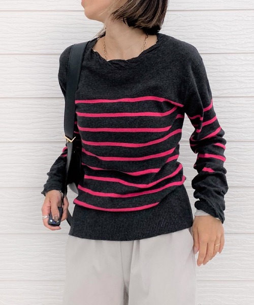 Q（キュー）の「BROSパネルボーダーニット（ニット/セーター・レディース・チャコールグレー/ホワイト系その他・MEDIUM）」の2枚目の写真