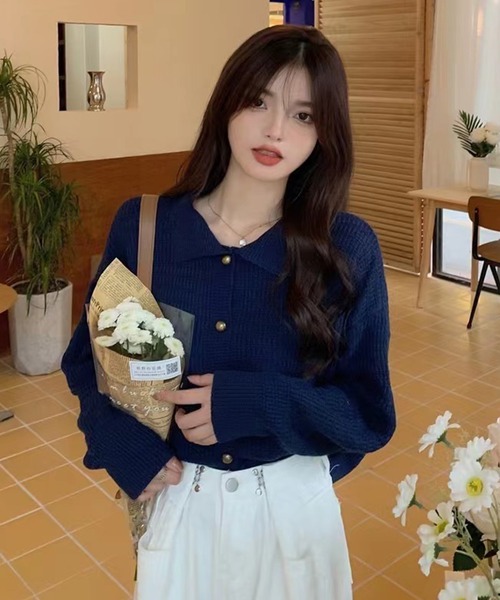 Girly Doll（ガーリードール）の「襟付きニットカーディガン（カーディガン/ボレロ・レディース・オフホワイト/ネイビー/テラコッタ/ブラウン/モカ/ブラック・FREE）」の8枚目の写真