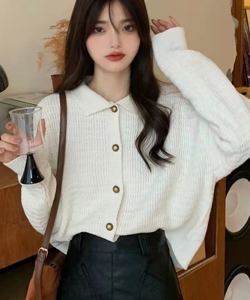 Girly Doll（ガーリードール）の「襟付きニットカーディガン（カーディガン/ボレロ・レディース・オフホワイト/ネイビー/テラコッタ/ブラウン/モカ/ブラック・FREE）」の13枚目の写真