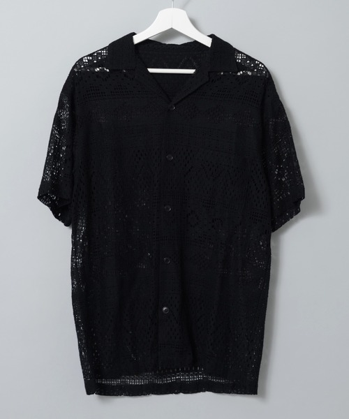 ADPOSION（アドポーション）の「【Revo.】ジオメトリックメッシュ オープンカラー半袖シャツ（シャツ/ブラウス・メンズ・ホワイト/ブラック・MEDIUM/LARGE）」の2枚目の写真