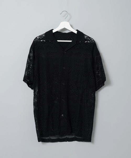 ADPOSION（アドポーション）の「【Revo.】ジオメトリックメッシュ オープンカラー半袖シャツ（シャツ/ブラウス・メンズ・ホワイト/ブラック・MEDIUM/LARGE）」の5枚目の写真