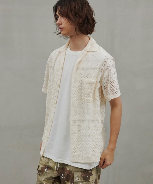 ADPOSION（アドポーション）の「【Revo.】ジオメトリックメッシュ オープンカラー半袖シャツ（シャツ/ブラウス・メンズ・ホワイト/ブラック・MEDIUM/LARGE）」の4枚目の写真