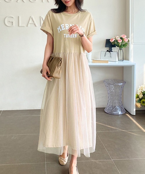 DAY CLOSET（デイ クローゼット）の「レディース ロゴスウェットとチュールスカートのドッキングワンピース（ワンピース・レディース・ベージュ/ホワイト/ブラック/グレー・ONE SIZE）」の8枚目の写真