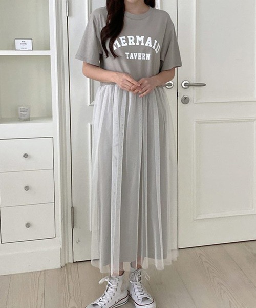 DAY CLOSET（デイ クローゼット）の「レディース ロゴスウェットとチュールスカートのドッキングワンピース（ワンピース・レディース・ベージュ/ホワイト/ブラック/グレー・ONE SIZE）」の14枚目の写真