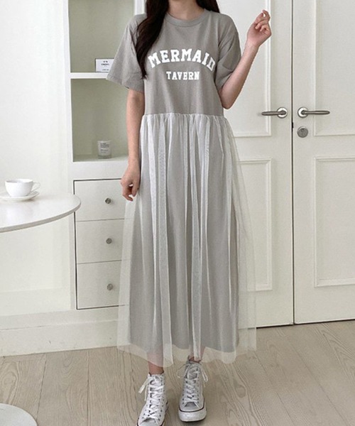 DAY CLOSET（デイ クローゼット）の「レディース ロゴスウェットとチュールスカートのドッキングワンピース（ワンピース・レディース・ベージュ/ホワイト/ブラック/グレー・ONE SIZE）」の9枚目の写真