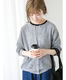 Samansa Mos2 blue | 透かしレース編みクルーカーディガン(カーディガン/ボレロ)