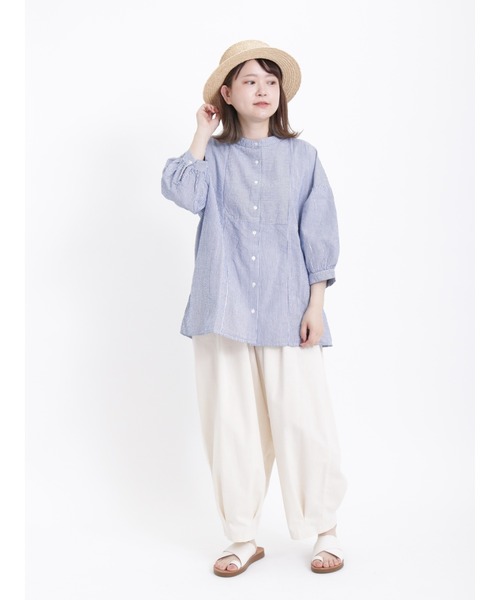 Samansa Mos2（サマンサ モスモス）の「サッカーストライプバンドカラーシャツ（シャツ/ブラウス・レディース・ブルー/ピンク/グリーン/イエロー・ﾌﾘ-）」の7枚目の写真