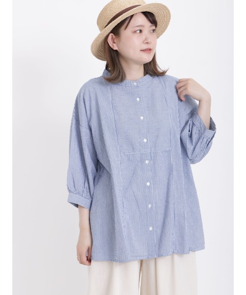 Samansa Mos2（サマンサ モスモス）の「サッカーストライプバンドカラーシャツ（シャツ/ブラウス・レディース・ブルー/ピンク/グリーン/イエロー・ﾌﾘ-）」の5枚目の写真