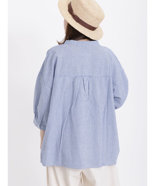 Samansa Mos2（サマンサ モスモス）の「サッカーストライプバンドカラーシャツ（シャツ/ブラウス・レディース・ブルー/ピンク/グリーン/イエロー・ﾌﾘ-）」の6枚目の写真