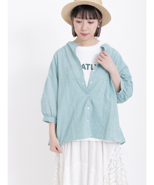 Samansa Mos2（サマンサ モスモス）の「サッカーストライプバンドカラーシャツ（シャツ/ブラウス・レディース・ブルー/ピンク/グリーン/イエロー・ﾌﾘ-）」の16枚目の写真