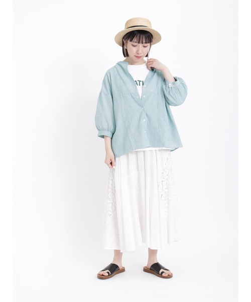 Samansa Mos2（サマンサ モスモス）の「サッカーストライプバンドカラーシャツ（シャツ/ブラウス・レディース・ブルー/ピンク/グリーン/イエロー・ﾌﾘ-）」の18枚目の写真