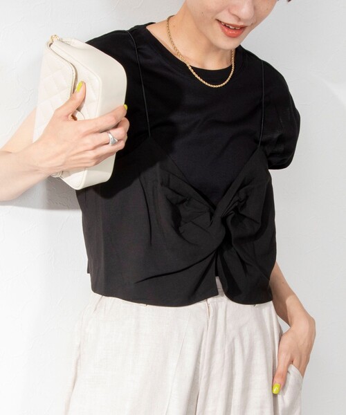 Rie Miller（リエミラー）の「ビスチェ付ドロップショルダーTシャツ（Tシャツ/カットソー・レディース・ブラック/グリーン/ライトグレー・38）」の2枚目の写真