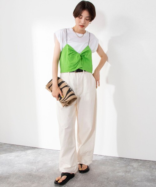 Rie Miller（リエミラー）の「ビスチェ付ドロップショルダーTシャツ（Tシャツ/カットソー・レディース・ブラック/グリーン/ライトグレー・38）」の4枚目の写真