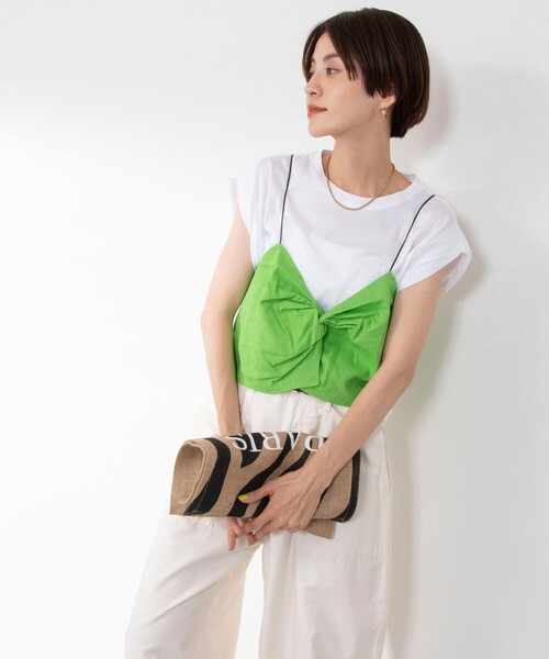 Rie Miller（リエミラー）の「ビスチェ付ドロップショルダーTシャツ（Tシャツ/カットソー・レディース・ブラック/グリーン/ライトグレー・38）」の6枚目の写真