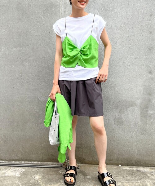 Rie Miller（リエミラー）の「ビスチェ付ドロップショルダーTシャツ（Tシャツ/カットソー・レディース・ブラック/グリーン/ライトグレー・38）」の12枚目の写真