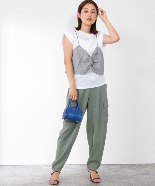 Rie Miller（リエミラー）の「ビスチェ付ドロップショルダーTシャツ（Tシャツ/カットソー・レディース・ブラック/グリーン/ライトグレー・38）」の13枚目の写真