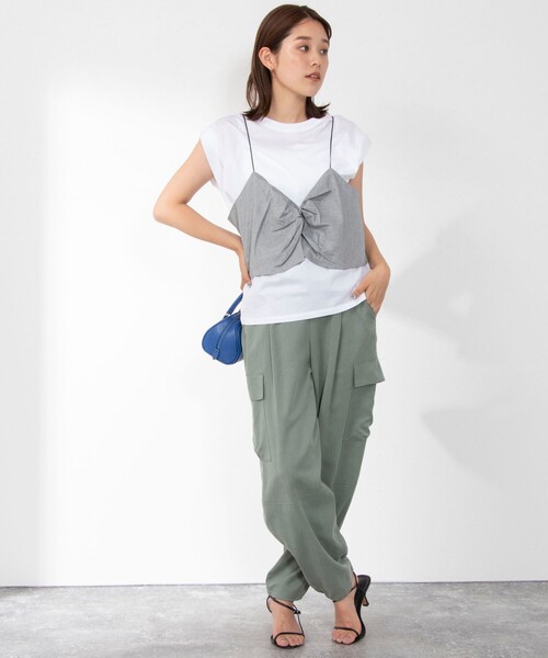 Rie Miller（リエミラー）の「ビスチェ付ドロップショルダーTシャツ（Tシャツ/カットソー・レディース・ブラック/グリーン/ライトグレー・38）」の14枚目の写真