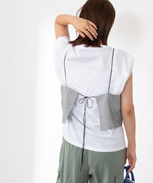 Rie Miller（リエミラー）の「ビスチェ付ドロップショルダーTシャツ（Tシャツ/カットソー・レディース・ブラック/グリーン/ライトグレー・38）」の18枚目の写真