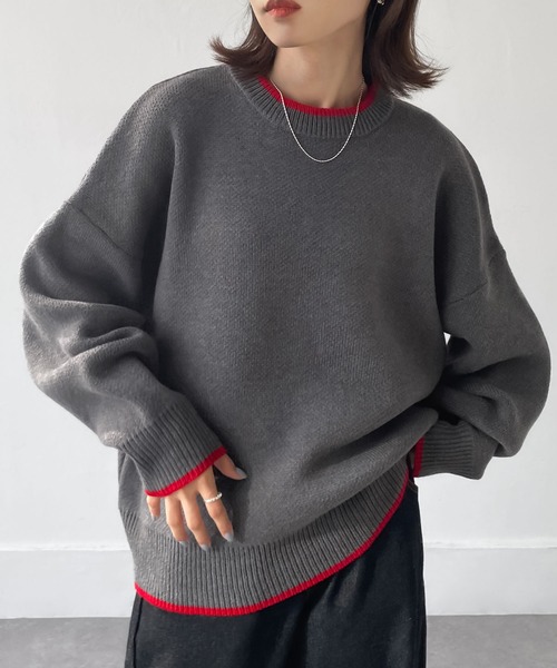 Chillfar（チルファー）の「アソートバーズアイカラーラインニット（ニット/セーター・レディース・チャコール/アイボリー/ホワイト系/杢グレー・FREE）」の4枚目の写真