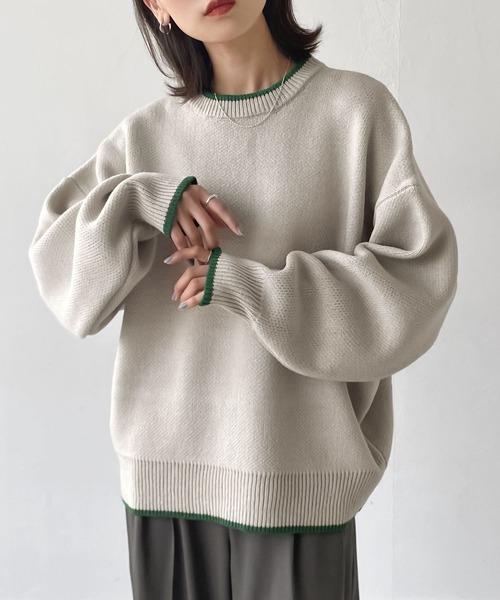 Chillfar（チルファー）の「アソートバーズアイカラーラインニット（ニット/セーター・レディース・チャコール/アイボリー/ホワイト系/杢グレー・FREE）」の5枚目の写真