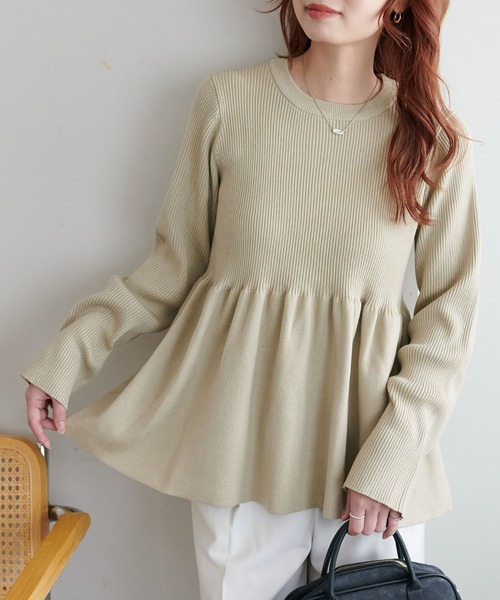 DISCOAT（ディスコート）の「《新色追加/リバイバル》【WEB限定】リブ切替ペプラムプルオーバー（ニット/セーター・レディース・グリーン/モカ/アイボリー/ブラック/ホワイト×ブラック/グレー/マスタード/ブラック系その他/ライトベージュ/ブラウン/ネイビー/チャコールグレー/グリーン系その他・FREE）」の9枚目の写真