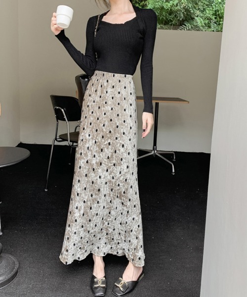 Doux Belle（ドゥーベル）の「ドット柄リブロングスカート（スカート・レディース・ブラック/ベージュ/ブラウン・MEDIUM）」の9枚目の写真