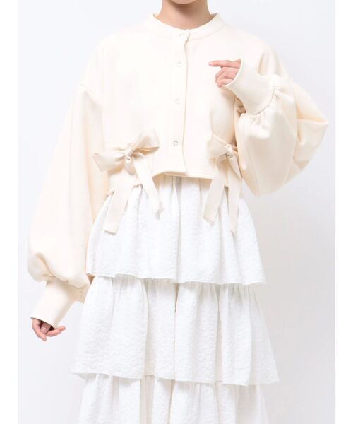 merry jenny（メリージェニー）の「リボンスナップカーディガン（カーディガン/ボレロ・レディース・グレー/オフホワイト・FREE）」の5枚目の写真