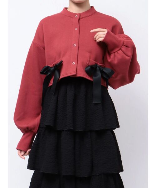 merry jenny（メリージェニー）の「リボンスナップカーディガン（カーディガン/ボレロ・レディース・グレー/オフホワイト・FREE）」の4枚目の写真