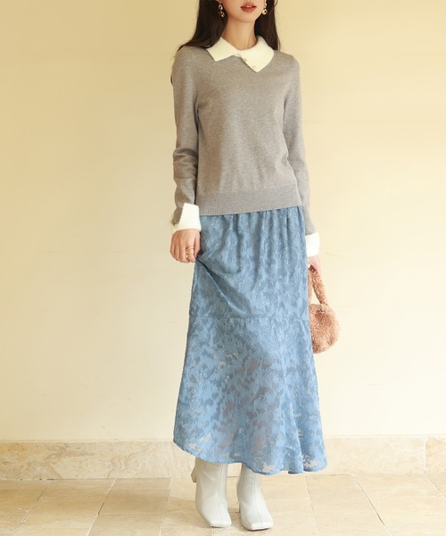 ebure コンパクトセミシアー襟付きプルオーバーニット 美品】ebure コンパクトセミシアー襟付きプルオーバーニット