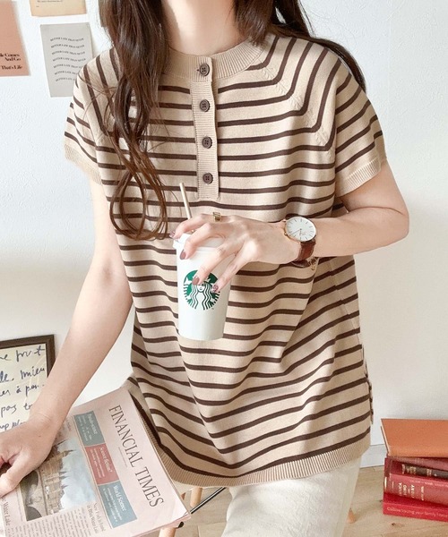 セール】大人の上品ボーダー。前後2wayヘンリーネックボーダーラグラン