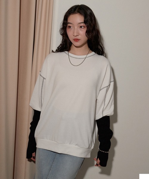 ECRIRE（エクリール）の「カラーステッチトレーナー（スウェット・レディース・オフホワイト/ブラック/サックスブルー・M/L）」の2枚目の写真