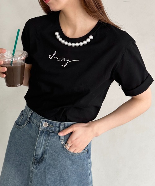 un+frame（アンフレーム）の「パールモチーフロゴ半袖トップス（Tシャツ/カットソー・レディース・ベージュ/ホワイト/ブラック・FREE）」の3枚目の写真