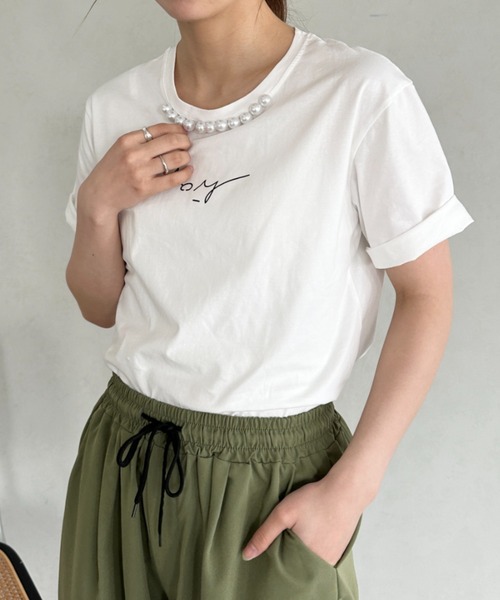 un+frame（アンフレーム）の「パールモチーフロゴ半袖トップス（Tシャツ/カットソー・レディース・ベージュ/ホワイト/ブラック・FREE）」の16枚目の写真