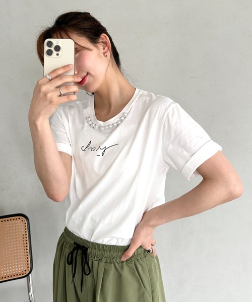 un+frame（アンフレーム）の「パールモチーフロゴ半袖トップス（Tシャツ/カットソー・レディース・ベージュ/ホワイト/ブラック・FREE）」の20枚目の写真