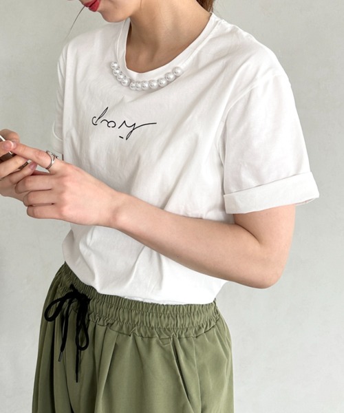 un+frame（アンフレーム）の「パールモチーフロゴ半袖トップス（Tシャツ/カットソー・レディース・ベージュ/ホワイト/ブラック・FREE）」の19枚目の写真