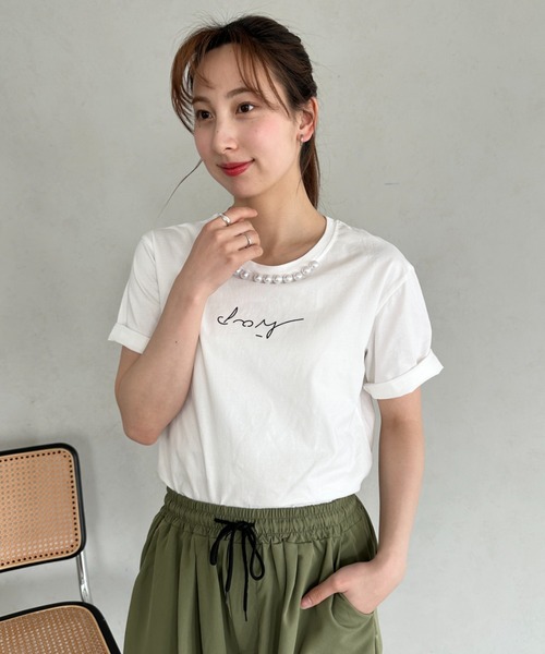 un+frame（アンフレーム）の「パールモチーフロゴ半袖トップス（Tシャツ/カットソー・レディース・ベージュ/ホワイト/ブラック・FREE）」の21枚目の写真
