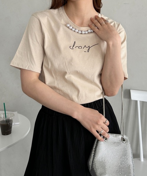 un+frame（アンフレーム）の「パールモチーフロゴ半袖トップス（Tシャツ/カットソー・レディース・ベージュ/ホワイト/ブラック・FREE）」の6枚目の写真