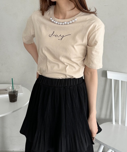 un+frame（アンフレーム）の「パールモチーフロゴ半袖トップス（Tシャツ/カットソー・レディース・ベージュ/ホワイト/ブラック・FREE）」の8枚目の写真