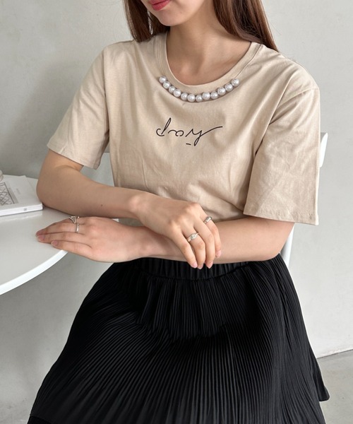 un+frame（アンフレーム）の「パールモチーフロゴ半袖トップス（Tシャツ/カットソー・レディース・ベージュ/ホワイト/ブラック・FREE）」の14枚目の写真