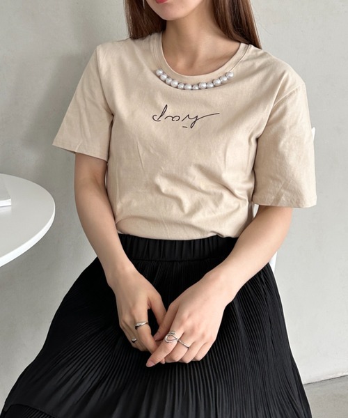 un+frame（アンフレーム）の「パールモチーフロゴ半袖トップス（Tシャツ/カットソー・レディース・ベージュ/ホワイト/ブラック・FREE）」の15枚目の写真