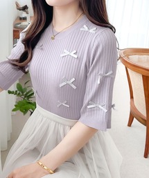 【mily bilet】程よい甘さとレトロムードが愛らしい。リボン使いリブ編みサマーニット
