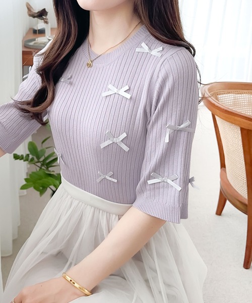 mily bilet(ミウィビレット)の「【mily bilet】程よい甘さとレトロムードが愛らしい。リボン使いリブ編みサマーニット(ニット/セーター・レディース・アイボリー/パープル/チャコールグレー・SMALL/MEDIUM/LARGE/X-LARGE)」の3枚目の写真