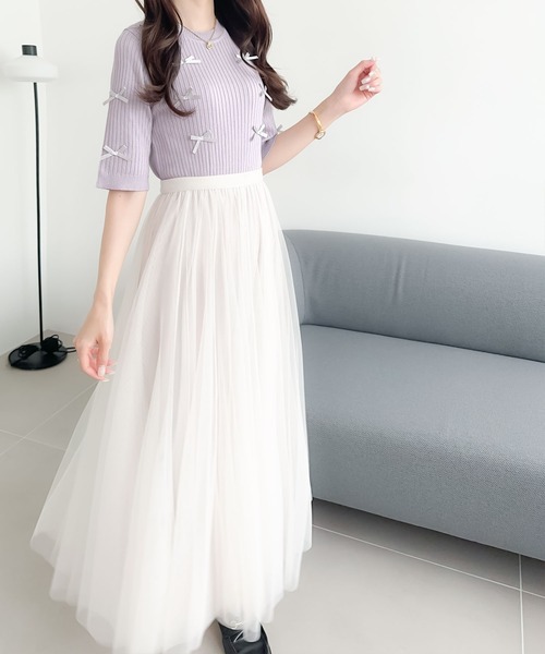 mily bilet(ミウィビレット)の「【mily bilet】程よい甘さとレトロムードが愛らしい。リボン使いリブ編みサマーニット(ニット/セーター・レディース・アイボリー/パープル/チャコールグレー・SMALL/MEDIUM/LARGE/X-LARGE)」の19枚目の写真
