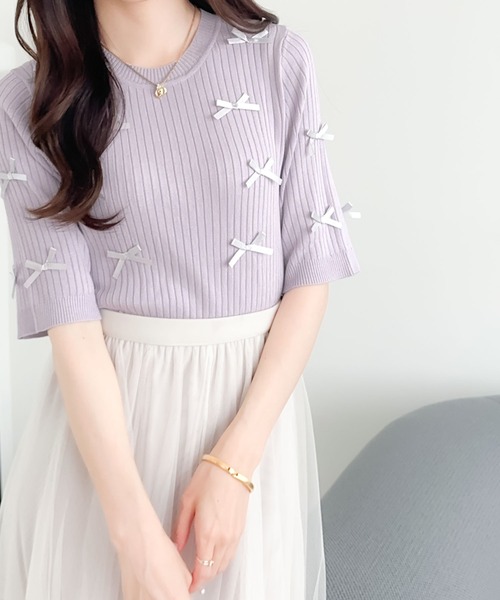 mily bilet(ミウィビレット)の「【mily bilet】程よい甘さとレトロムードが愛らしい。リボン使いリブ編みサマーニット(ニット/セーター・レディース・アイボリー/パープル/チャコールグレー・SMALL/MEDIUM/LARGE/X-LARGE)」の18枚目の写真