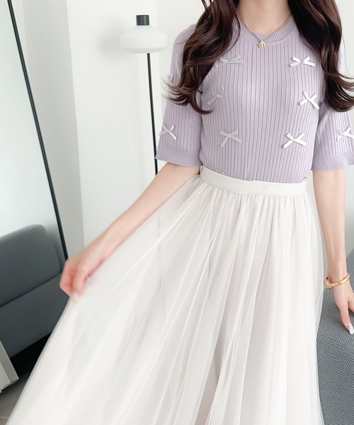 mily bilet(ミウィビレット)の「【mily bilet】程よい甘さとレトロムードが愛らしい。リボン使いリブ編みサマーニット(ニット/セーター・レディース・アイボリー/パープル/チャコールグレー・SMALL/MEDIUM/LARGE/X-LARGE)」の20枚目の写真