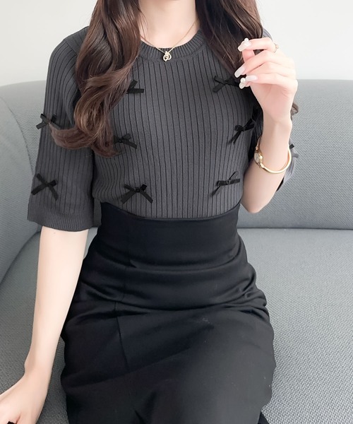mily bilet(ミウィビレット)の「【mily bilet】程よい甘さとレトロムードが愛らしい。リボン使いリブ編みサマーニット(ニット/セーター・レディース・アイボリー/パープル/チャコールグレー・SMALL/MEDIUM/LARGE/X-LARGE)」の15枚目の写真